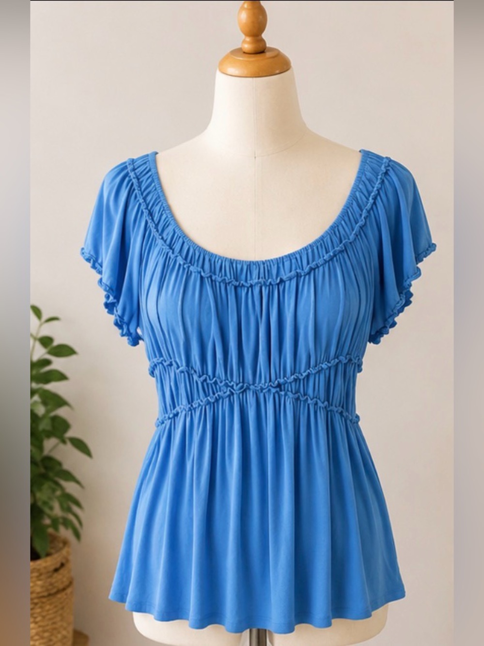 Studio M Blue Peasant Top Size Medium | Ruched Stretch Blouse